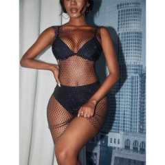 Navy Blue Rhinestone Fishnet Mesh Hollow-out Swimwear Beach Cover Dress TQK310732-34