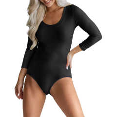 Black U Neck Ribbed Long Sleeve Bodysuit TQV220126-2