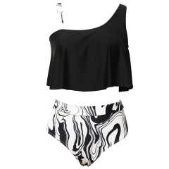 Black Ruffle Printed Bottom Tankini Swimwear Set TQK610298-2