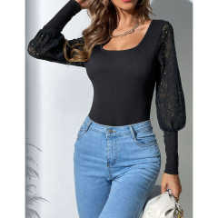 Black Spliced Lace Long Sleeve Bodysuit TQV220114-2