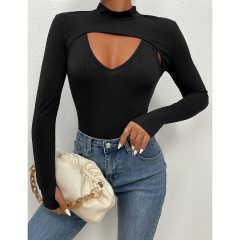 Black Mock Neck Cut-out Ribbed Long Sleeve Bodysuit TQV220133-2
