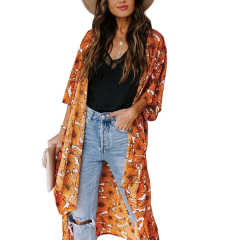 Orange Floral Print 1/2 Sleeves Chiffon Kimono TQK650089-14