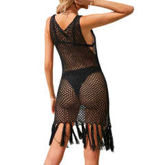 Black Tassel Knitted Hollw-out Sleeveless Beach Cover TQK311534-2