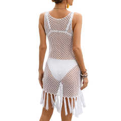 White Tassel Knitted Hollw-out Sleeveless Beach Cover TQK311534-1