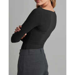 Black Ribbed Cut-out Long Sleeve Bodysuit TQV220110-2
