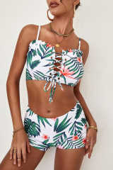 Green Tropical Print Lace-up Ruffled Spaghetti Strap Bikini Set LC432038-9