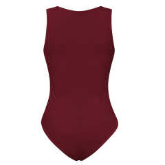 Wine Red Button-up Rayon Sleeveless Bodysuit TQK550296-23