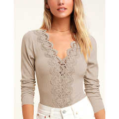 Apricot Lace V Neck Long Sleeve Bodysuit TQV220109-18