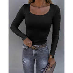 Black U Neck Ribbed Long Sleeve Bodysuit TQV220126-2