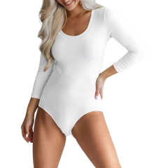 White U Neck Ribbed Long Sleeve Bodysuit TQV220126-1