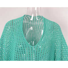 Blue Hollw-out Colorblock Hem V Neck Beach Cover TQX650055-5
