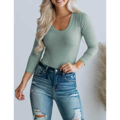 Greyish Green U Neck Ribbed Long Sleeve Bodysuit TQV220126-50
