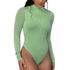 Light Green Zipper-up High Neck Long Sleeve Bodysuit TQK550264-28