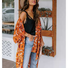 Orange Floral Print 1/2 Sleeves Chiffon Kimono TQK650089-14