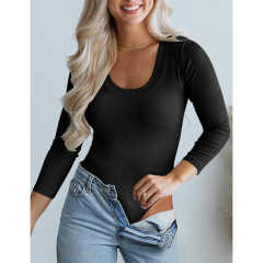 Black U Neck Ribbed Long Sleeve Bodysuit TQV220126-2