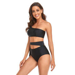 Black One Shoulder Tie Waist Bikini Swimwear TQK610297-2