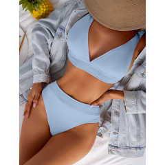 Light Blue Solid V Neckline 2 Piece Bikini Set TQK610269-30