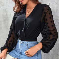 Black V Neck Splicing Swiss Dot Mesh Long Sleeve Bodysuit TQV220115-2