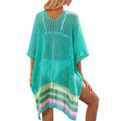Blue Hollw-out Colorblock Hem V Neck Beach Cover TQX650055-5