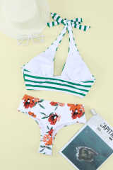 Striped Floral Print Backless Halter Neck Bikini Set LC433019-9