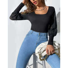Black Spliced Lace Long Sleeve Bodysuit TQV220114-2