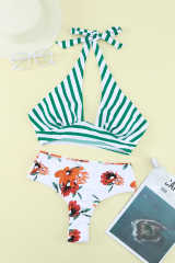 Striped Floral Print Backless Halter Neck Bikini Set LC433019-9