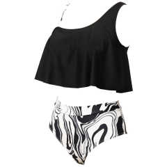 Black Ruffle Printed Bottom Tankini Swimwear Set TQK610298-2