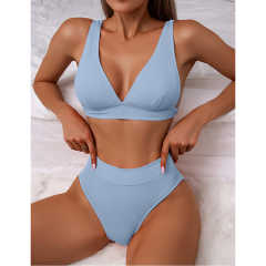 Light Blue Solid V Neckline 2 Piece Bikini Set TQK610269-30