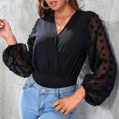 Black V Neck Splicing Swiss Dot Mesh Long Sleeve Bodysuit TQV220115-2