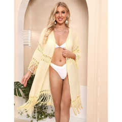 Yellow Solid Crochet Splice Tassel Kimono Beach Cover TQK650118-7