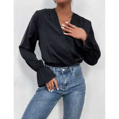 Black V Neck Wrap Long Sleeve Bodysuit TQV220137-2