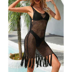 Black Tassel Knitted Hollw-out Sleeveless Beach Cover TQK311534-2