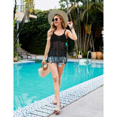 Black Hollow-out See Through Camisole Beach Cover TQK250226-2
