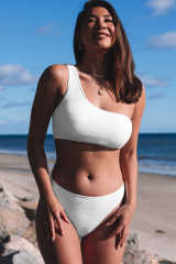 White Crinkle Textured Asymmetric One Shoulder Bikini Swimsuit LC433536-1