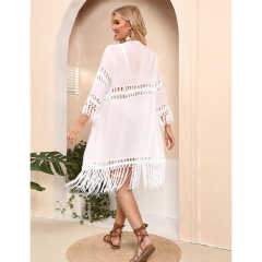 White Solid Crochet Splice Tassel Kimono Beach Cover TQK650118-1