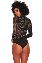 Black Iridescent Rhinestone Studded Mock Neck Long Sleeves Bodysuit
