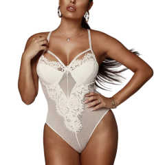 White Mesh Splicing Lace Bodysuit TQK550277-1