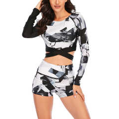 Black White Printed Long Sleeve Crop Top 2pcs Swimsuit TQK610226-37
