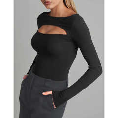 Black Ribbed Cut-out Long Sleeve Bodysuit TQV220110-2