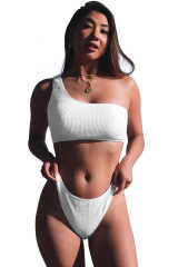White Crinkle Textured Asymmetric One Shoulder Bikini Swimsuit LC433536-1