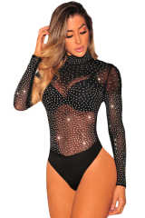 Black Mesh Silver Studded Mock Neck Bodysuit LC32211-2