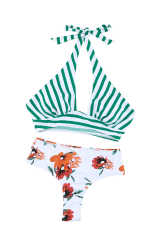 Striped Floral Print Backless Halter Neck Bikini Set LC433019-9