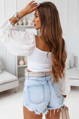 White Drawstring Front Sheer Puff Sleeve Crop Top LC25118462-1