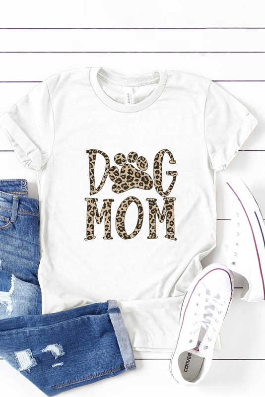 White Dog Mom with Paw Leopard Graphic Tee LC25216215-1