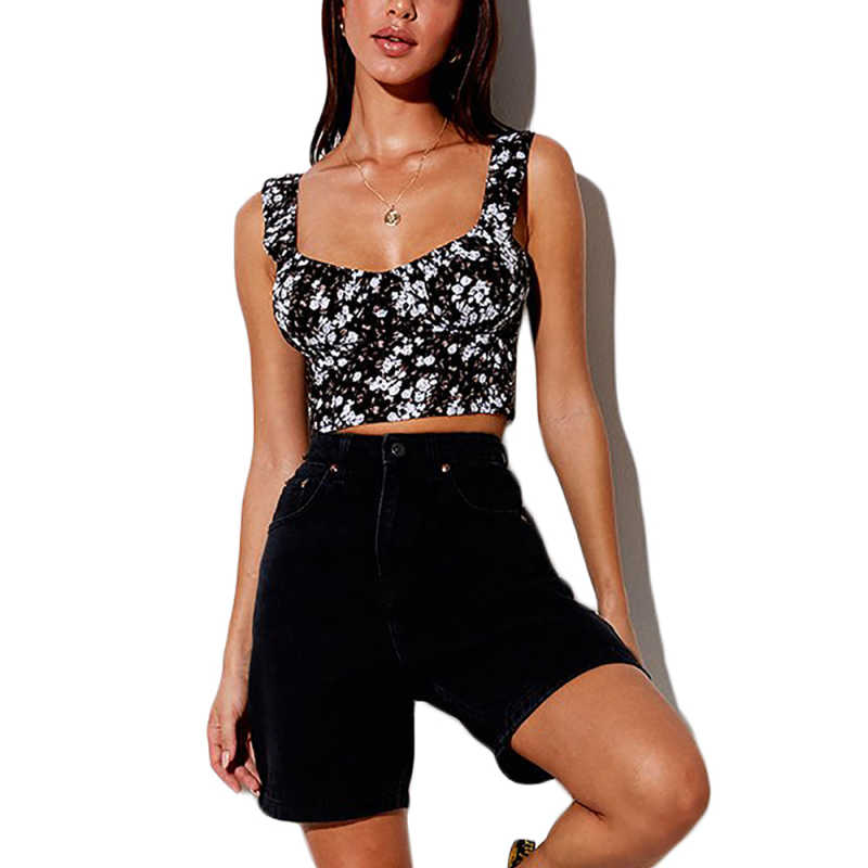 Black White Floral Print Low Collar Crop Tank TQK250136-37