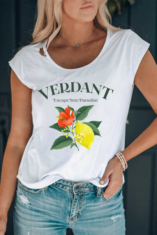 White VERDANT Flower Lemon Graphic Print Crewneck T Shirt LC25217639-1