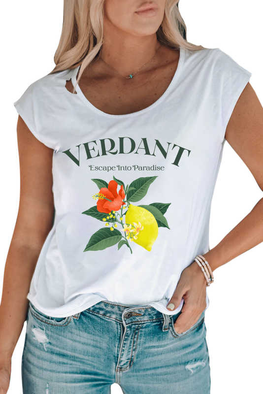 White VERDANT Flower Lemon Graphic Print Crewneck T Shirt LC25217639-1