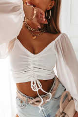 White Drawstring Front Sheer Puff Sleeve Crop Top LC25118462-1