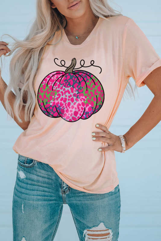 Pink Leopard Pumpkin Shape Print Crew Neck Graphic Tee LC25218941-10