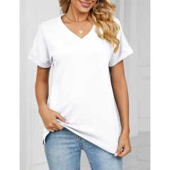 White Raglan Sleeve V Neck T-shirt with Slit TQX210217-1